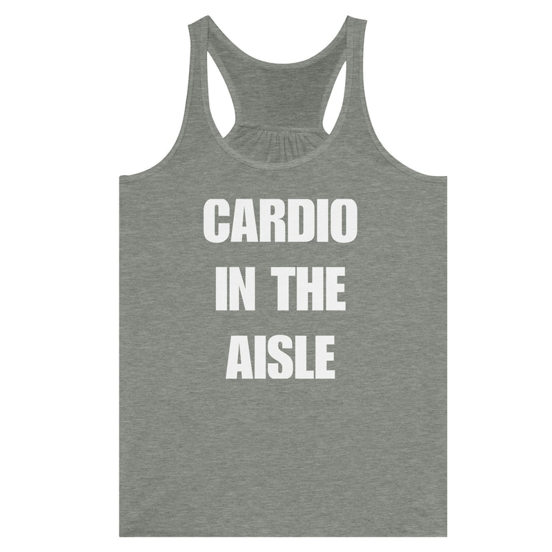 flat-lay heather gray women's racerback tank with white Cardio in the Aisle graphic, Dumbbells & Hotels travel apparel