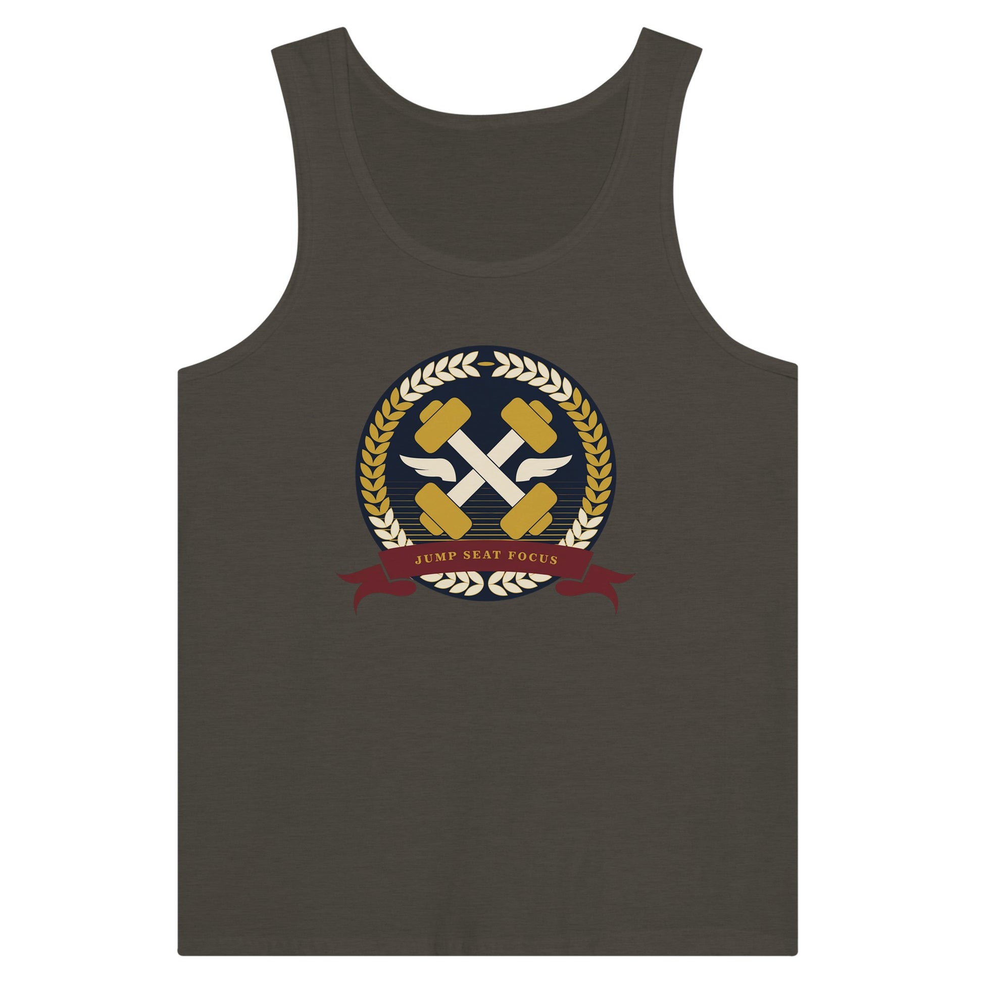 Dumbbells & Hotels unisex tank top with the Jump Seat Focus crest (gold laurel ring, crossed dumbbells over aviator wings, burgundy ribbon) - product shot 7 of 18