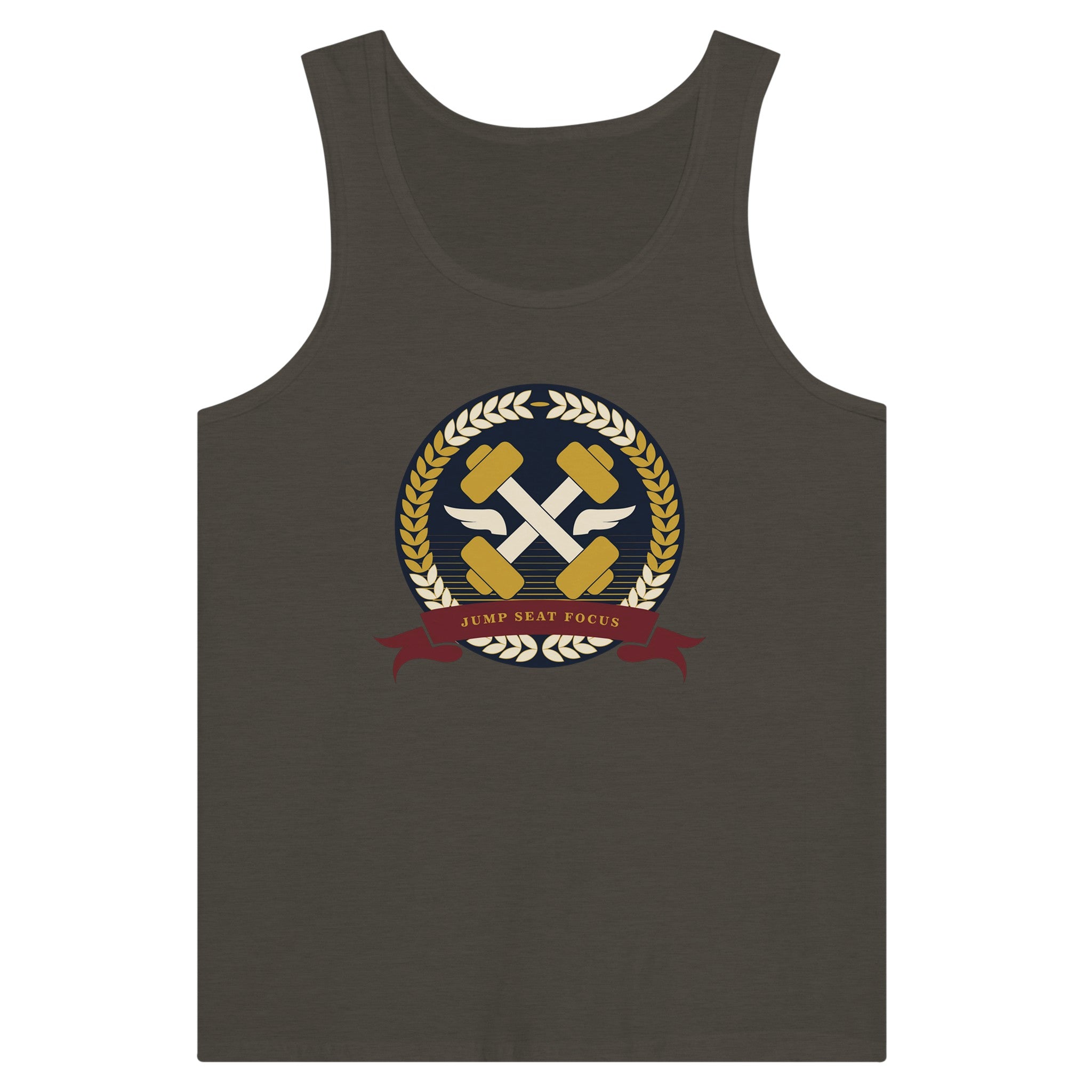 Dumbbells & Hotels unisex tank top with the Jump Seat Focus crest (gold laurel ring, crossed dumbbells over aviator wings, burgundy ribbon) - product shot 7 of 18