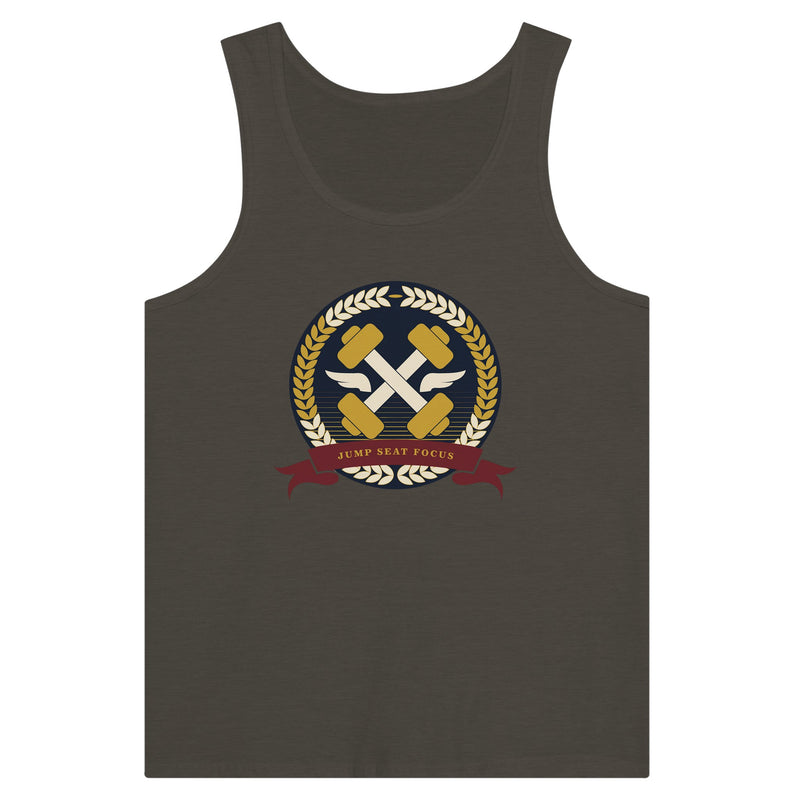 Dumbbells & Hotels unisex tank top with the Jump Seat Focus crest (gold laurel ring, crossed dumbbells over aviator wings, burgundy ribbon) - product shot 7 of 18