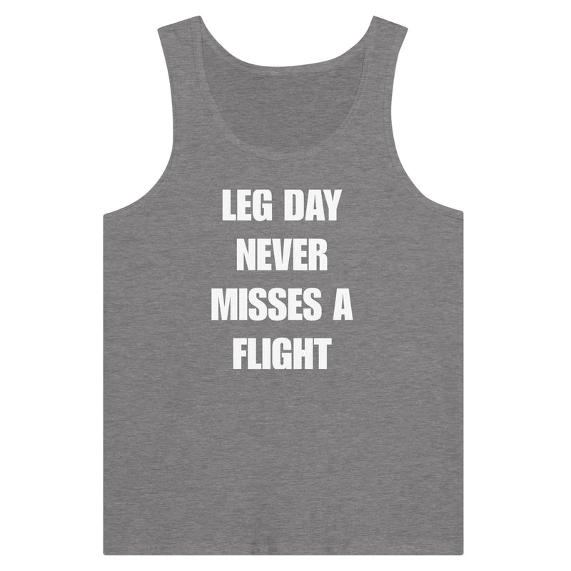 men's travel tank with white Leg Day Never Misses a Flight print on dark fabric, product view 10