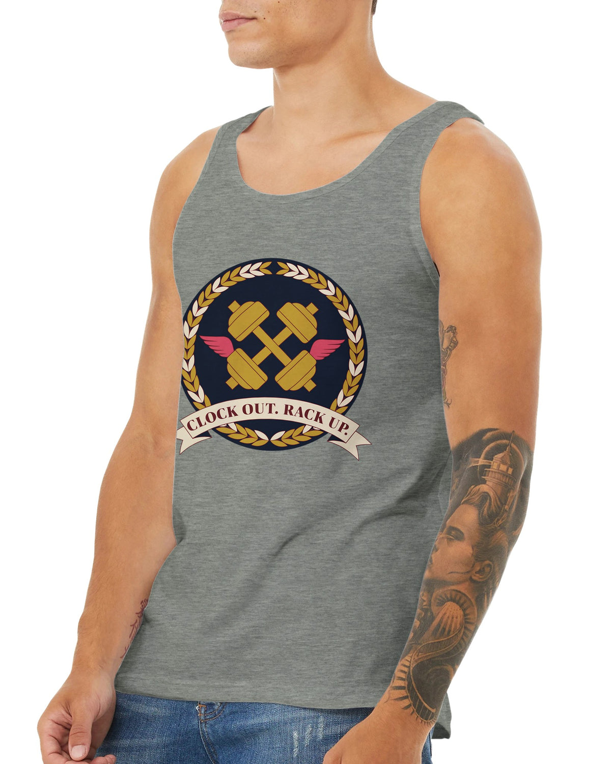 Clock Out. Rack Up. crest design on a Dumbbells and Hotels unisex tank top