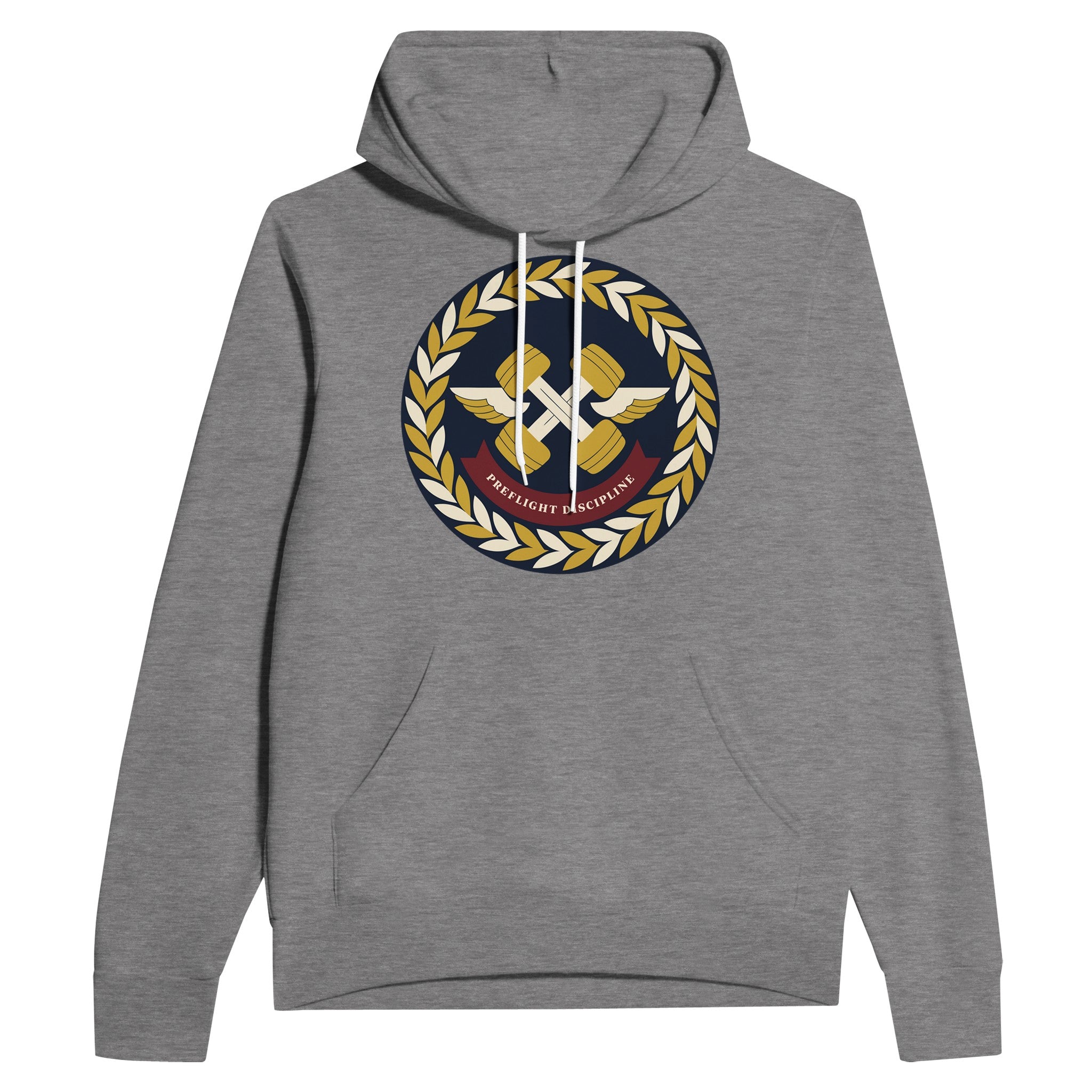 Preflight Discipline unisex pullover hoodie for travelling professionals, printed with a laurel-wreath crest with crossed dumbbells, aviator wings and a PREFLIGHT DISCIPLINE banner — product photo 1 of 12