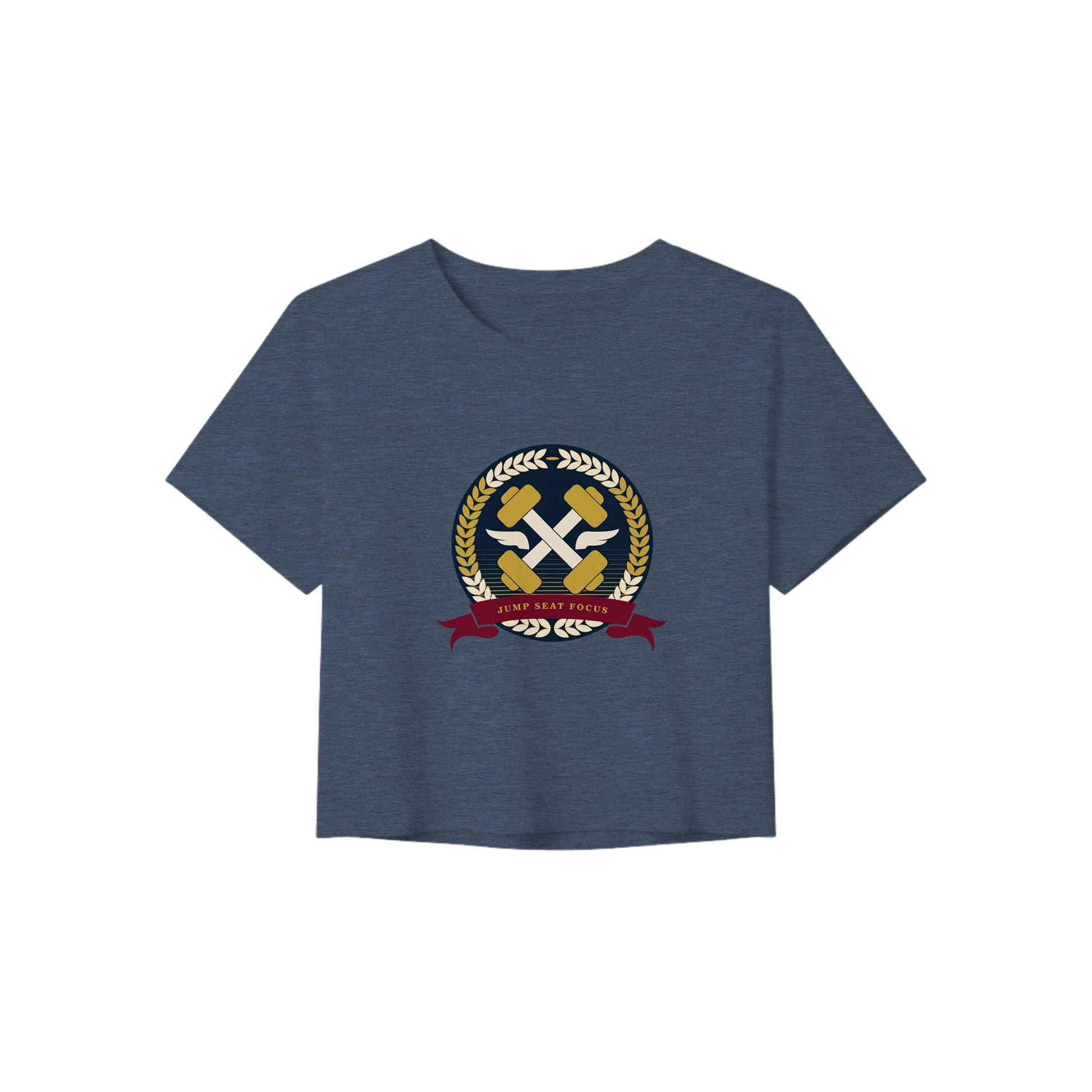 Dumbbells & Hotels women's crop tee with the Jump Seat Focus crest (gold laurel ring, crossed dumbbells over aviator wings, burgundy ribbon) - product shot 4 of 8