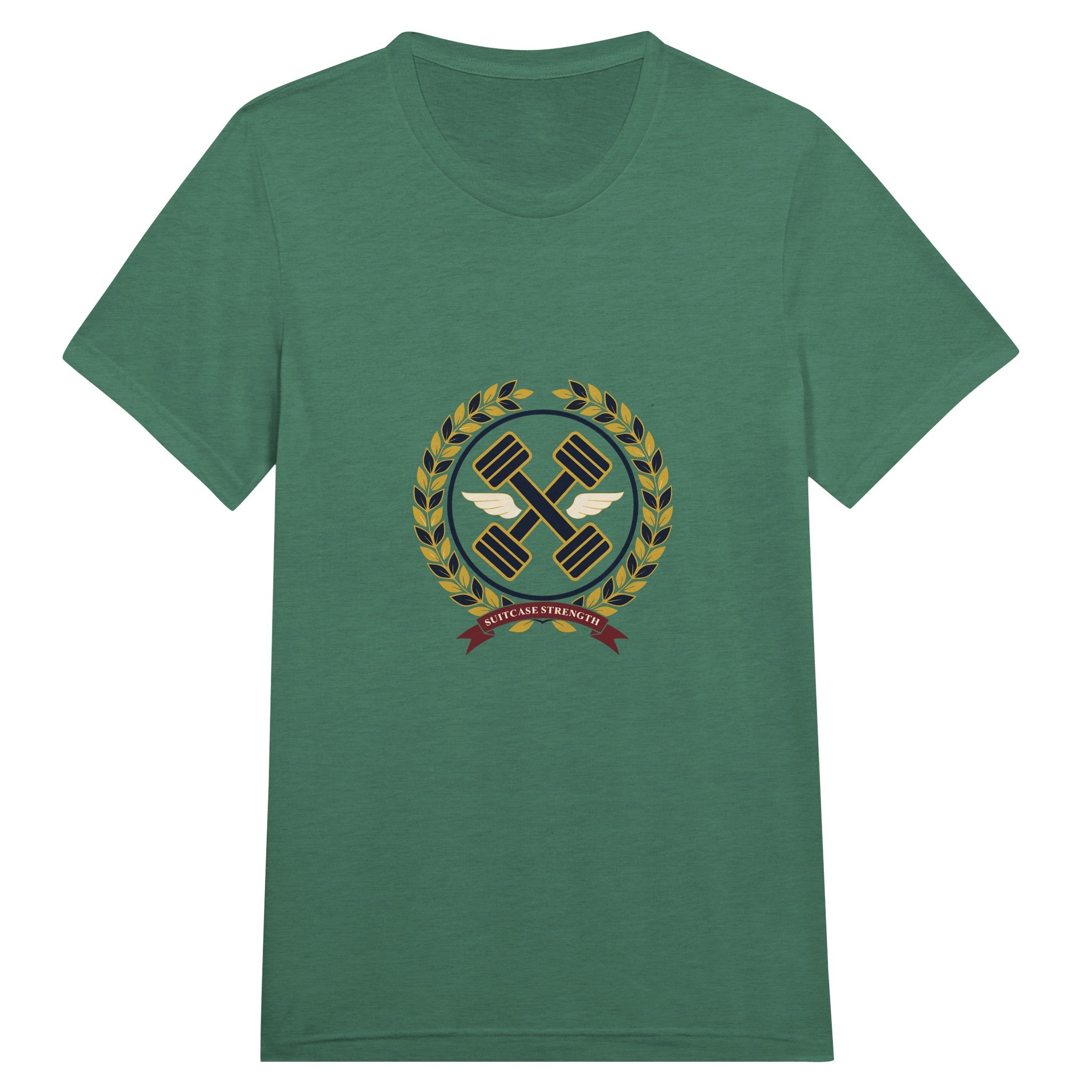 Suitcase Strength unisex triblend tee for travelling professionals, printed with a gold laurel-wreath crest with navy crossed dumbbells, cream aviator wings and a SUITCASE STRENGTH ribbon — product photo 8 of 19