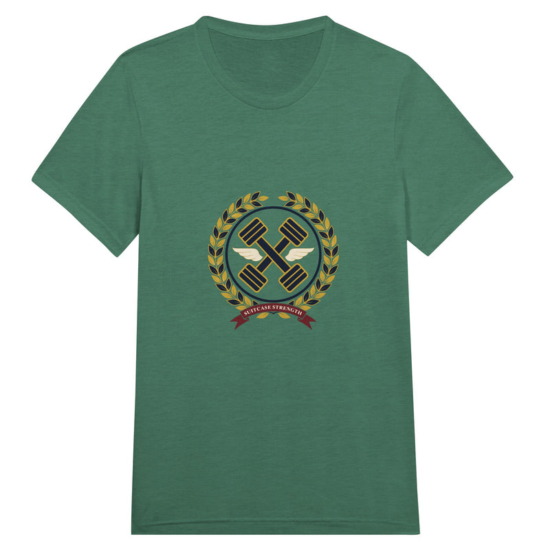 Suitcase Strength unisex triblend tee for travelling professionals, printed with a gold laurel-wreath crest with navy crossed dumbbells, cream aviator wings and a SUITCASE STRENGTH ribbon — product photo 8 of 19