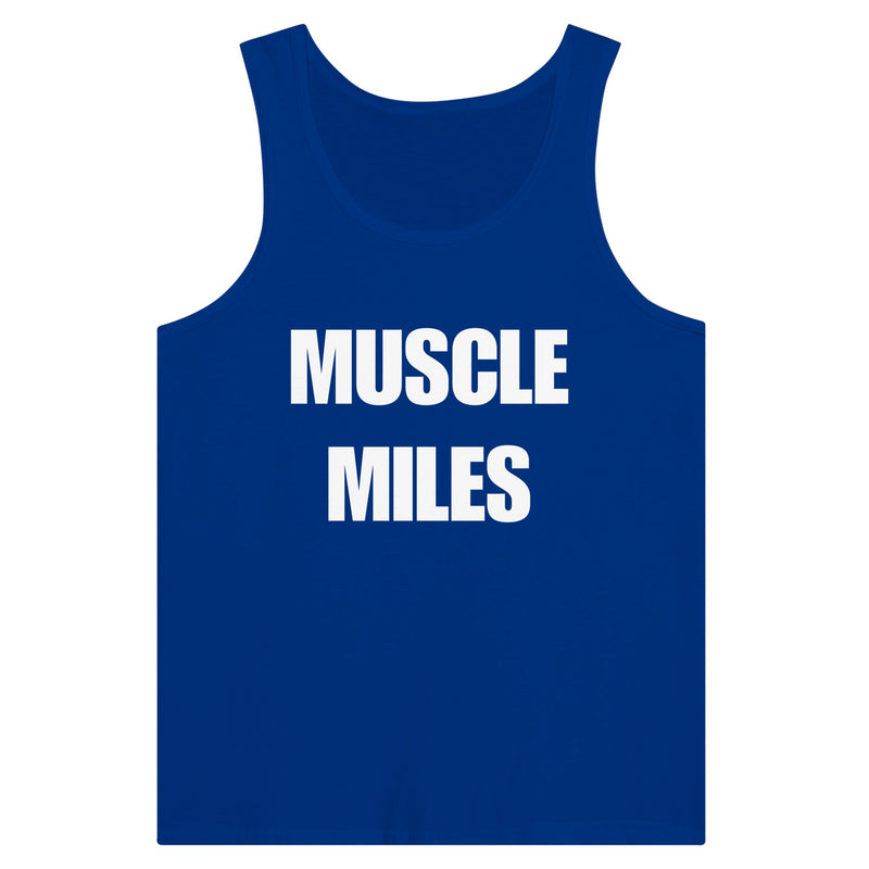 Muscle Miles tank top worn on-model in a hotel gym setting
