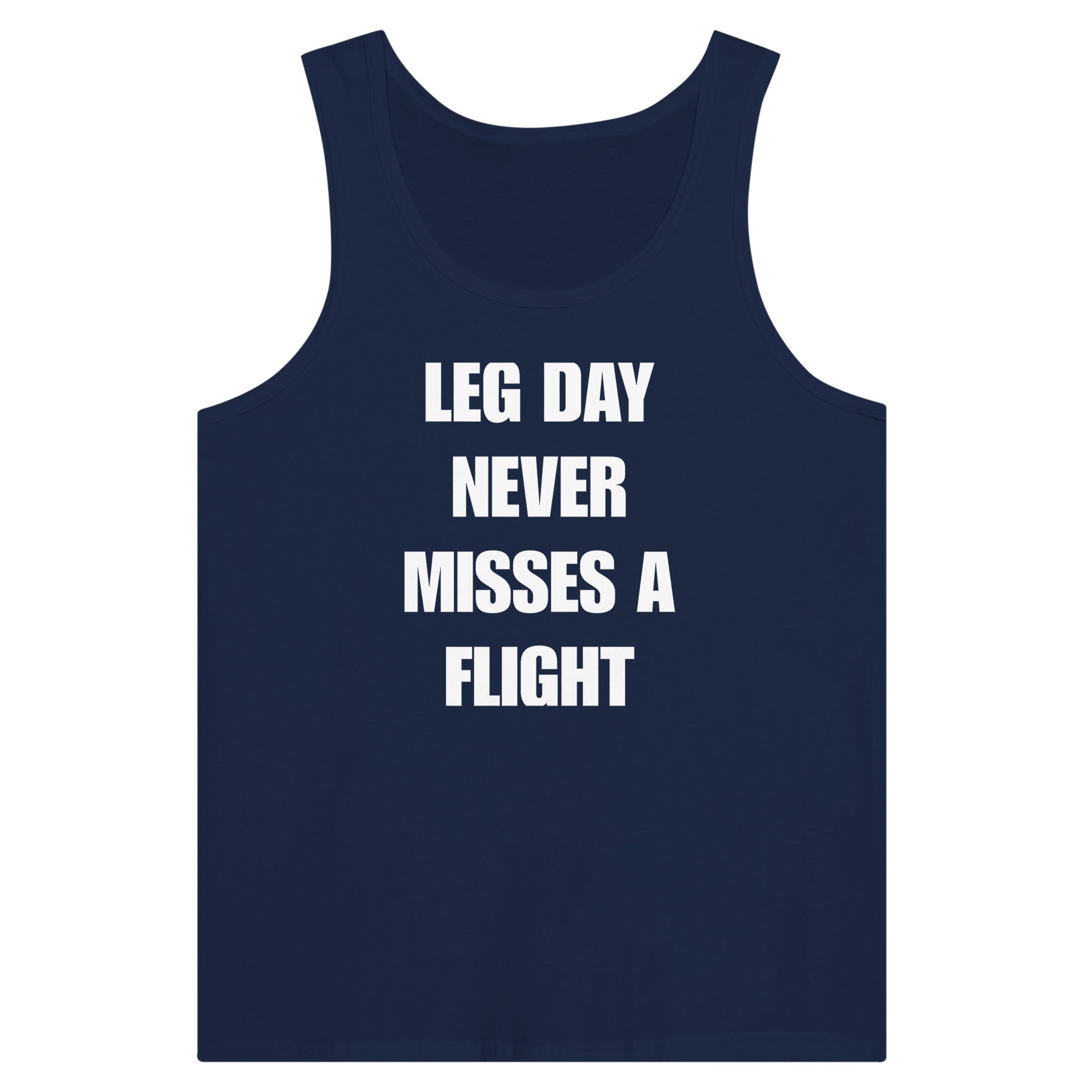 men's travel tank with white Leg Day Never Misses a Flight print on dark fabric, product view 11