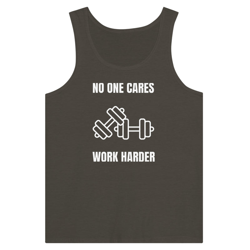 No One Cares. Work Harder travel tank — road-warrior gym wear that packs light | Dumbbells & Hotels