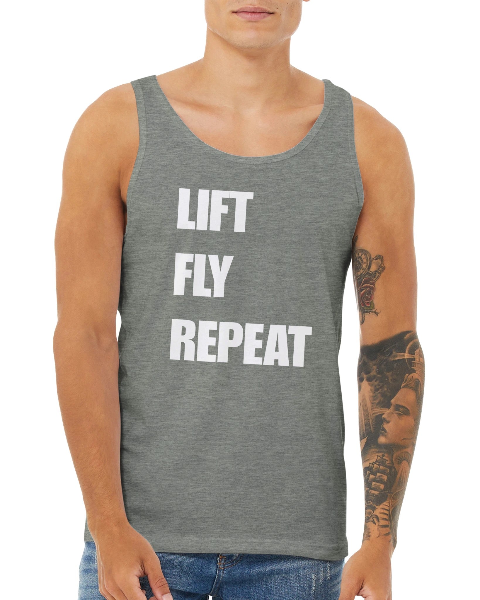Dumbbells & Hotels unisex tank top with the Lift Fly Repeat graphic - product shot 17 of 18