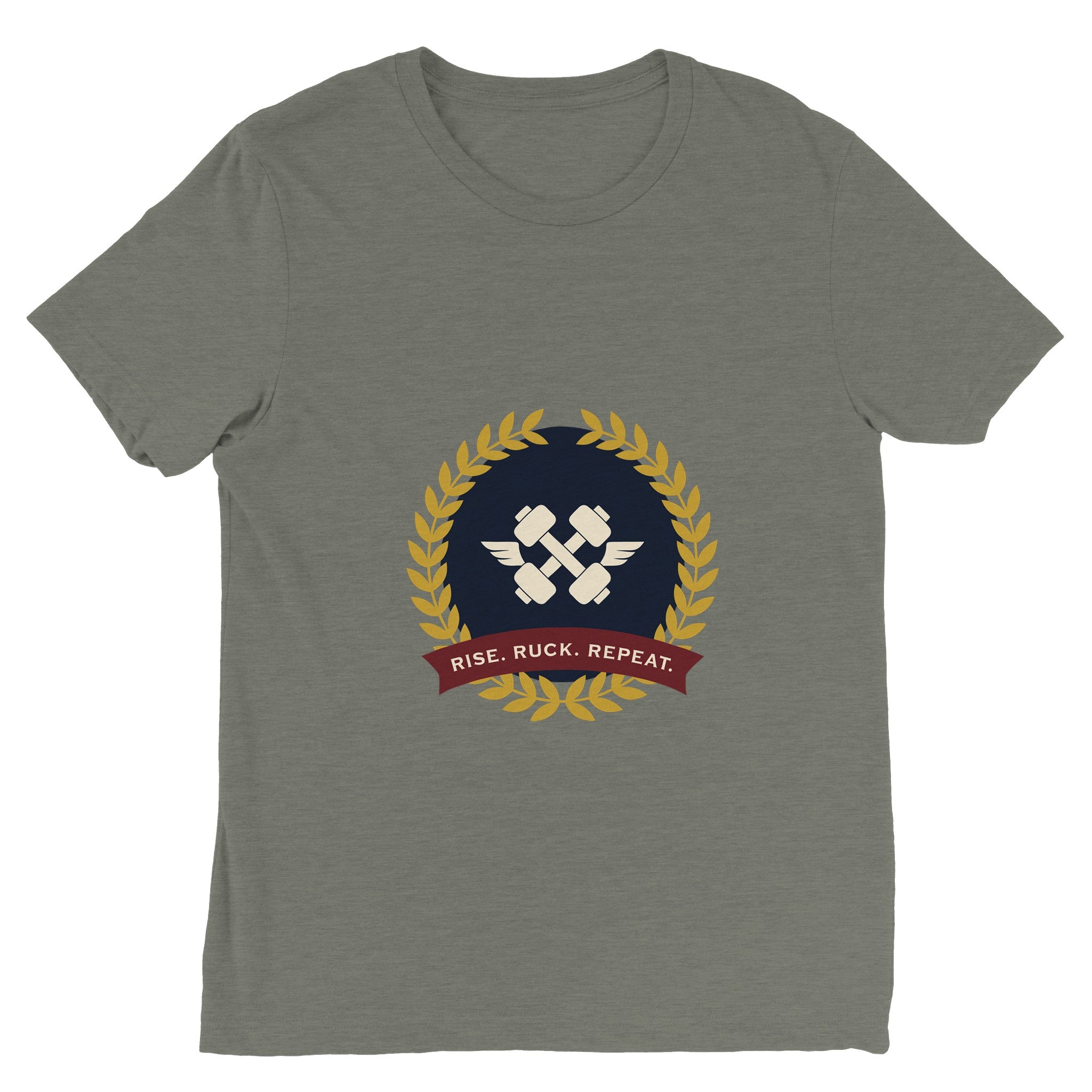Rise. Ruck. Repeat. artwork detail on a unisex triblend tee designed for hotel gyms and long layovers