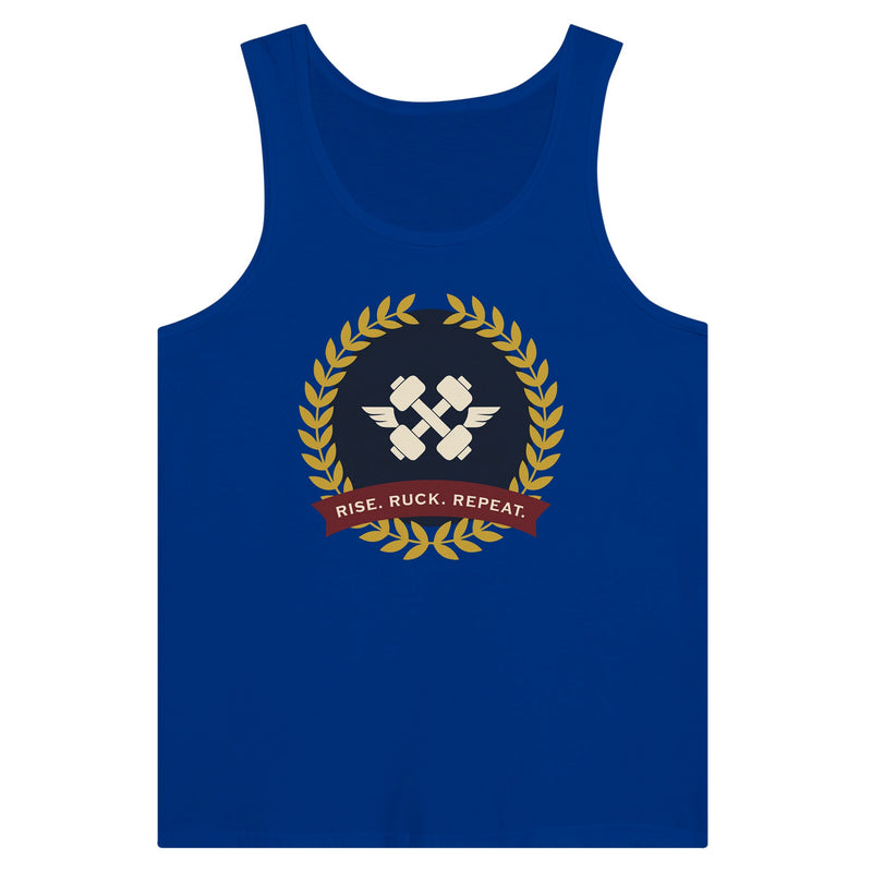 Rise. Ruck. Repeat. artwork detail on a unisex tank top designed for hotel gyms and long layovers