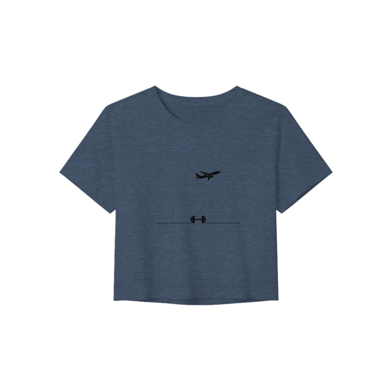 Beverage Cart Miles, Bodyweight Wins women's travel crop tee by Dumbbells & Hotels - flat lay