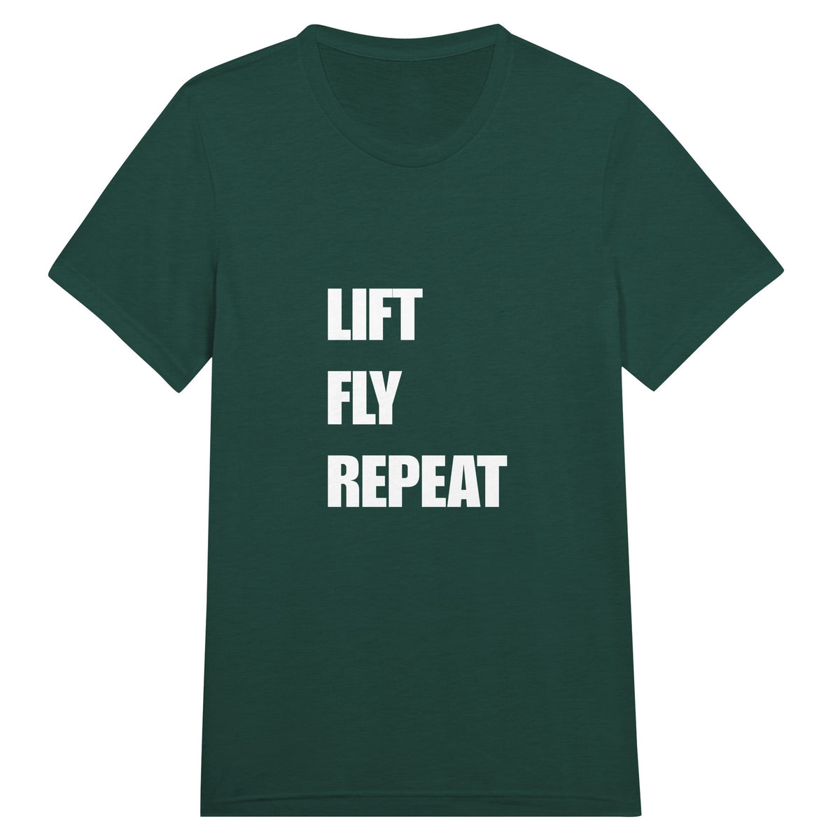 Lift Fly Repeat unisex triblend tee for travelling professionals, printed with a laurel-wreath crest with crossed dumbbells, aviator wings and a LIFT. FLY. REPEAT. ribbon — product photo 3 of 19