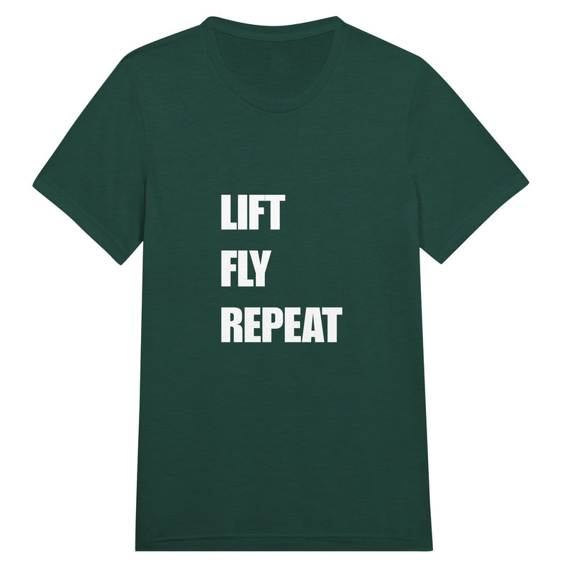 Lift Fly Repeat unisex triblend tee for travelling professionals, printed with a laurel-wreath crest with crossed dumbbells, aviator wings and a LIFT. FLY. REPEAT. ribbon — product photo 3 of 19