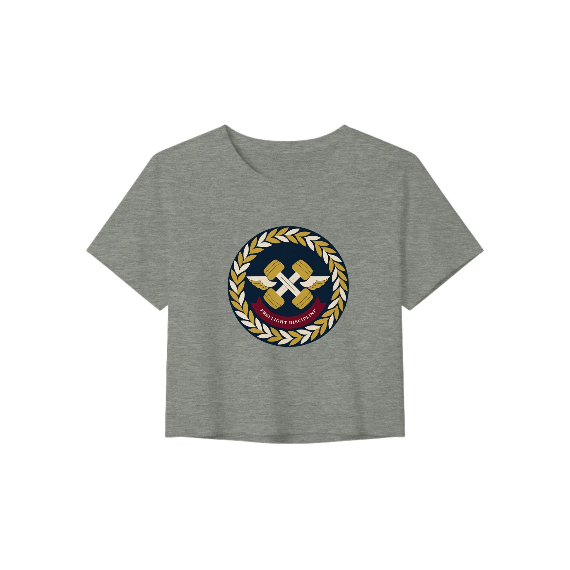 Preflight Discipline winged-dumbbell crest with laurel wreath on a women's crop tee by Dumbbells & Hotels — view 5 of 7