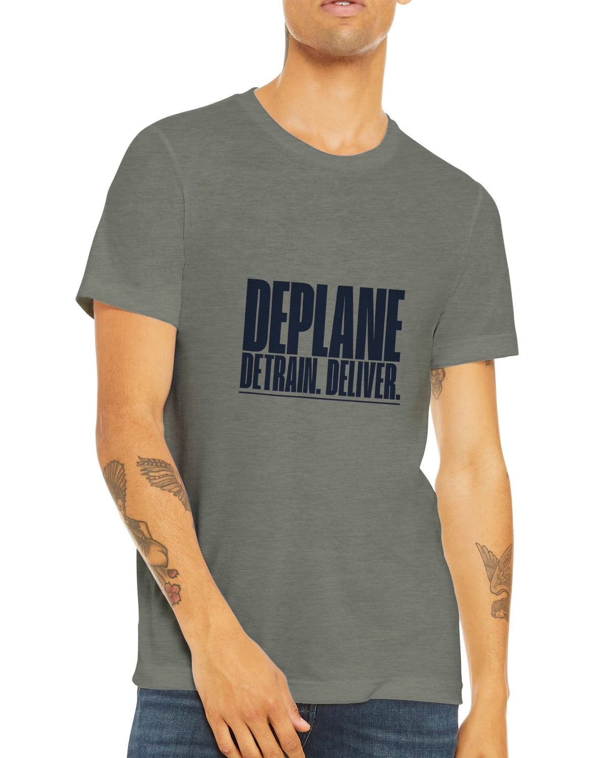 Deplane. Detrain. Deliver. travel tee, Dumbbells and Hotels, colorway flat lay