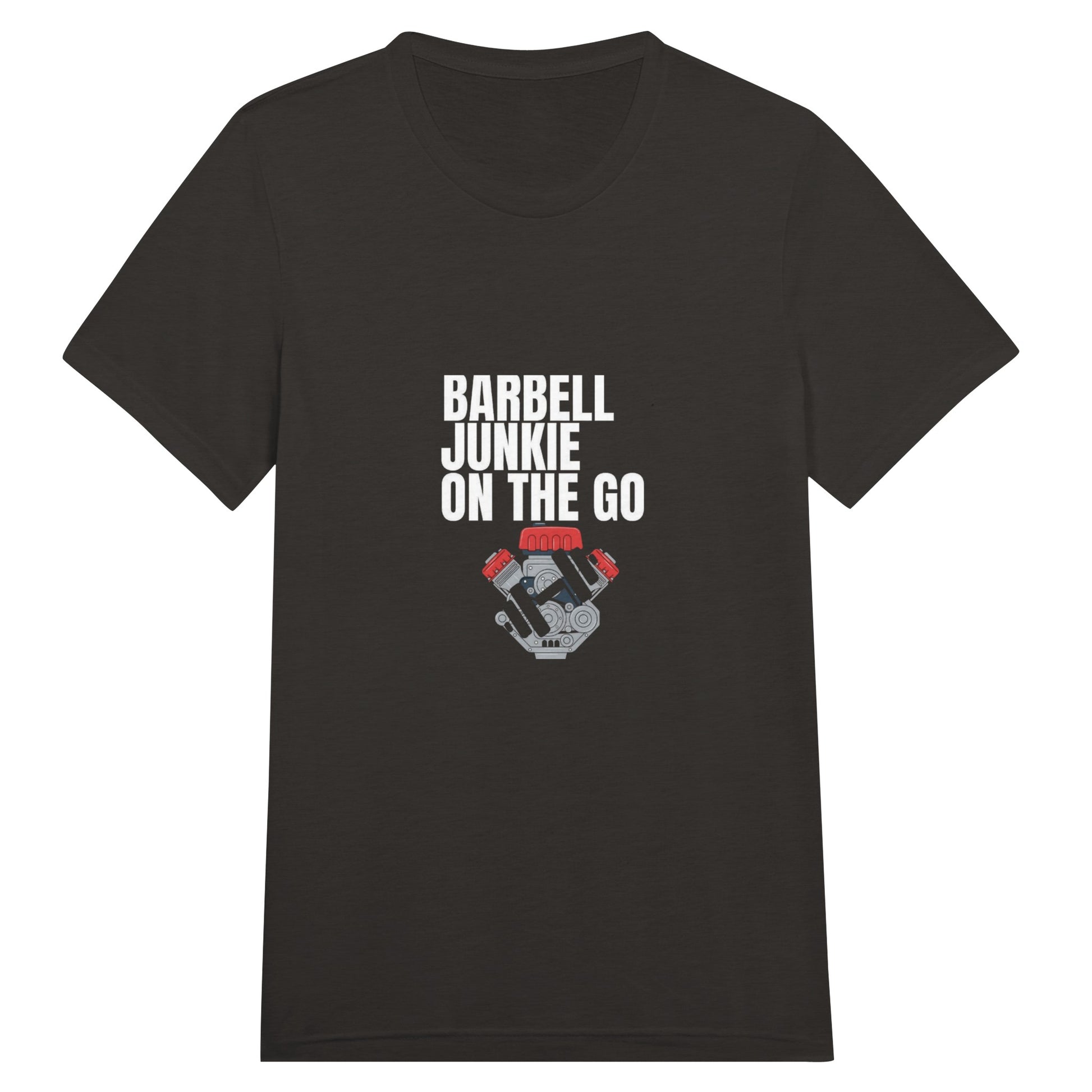Barbell Junkie on the Go unisex classic travel tee by Dumbbells & Hotels — road warrior gym apparel