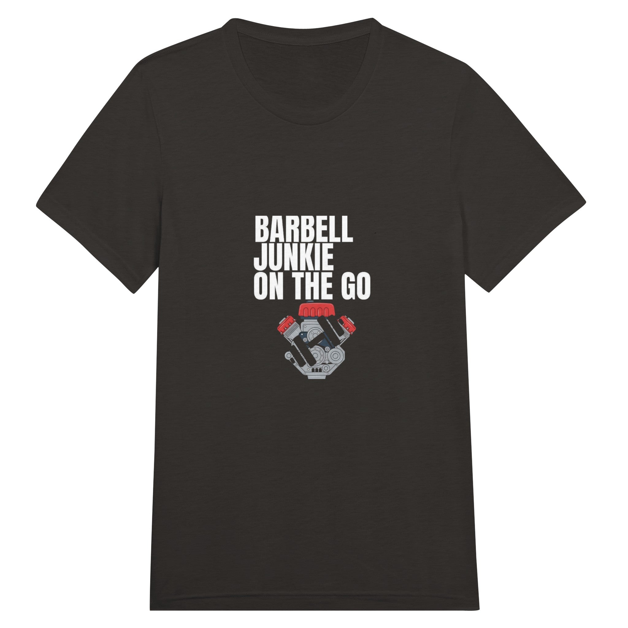 Barbell Junkie on the Go unisex classic travel tee by Dumbbells & Hotels — road warrior gym apparel