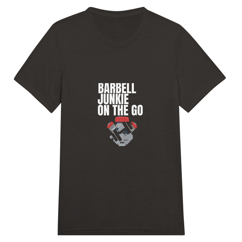 Barbell Junkie on the Go unisex classic travel tee by Dumbbells & Hotels — road warrior gym apparel