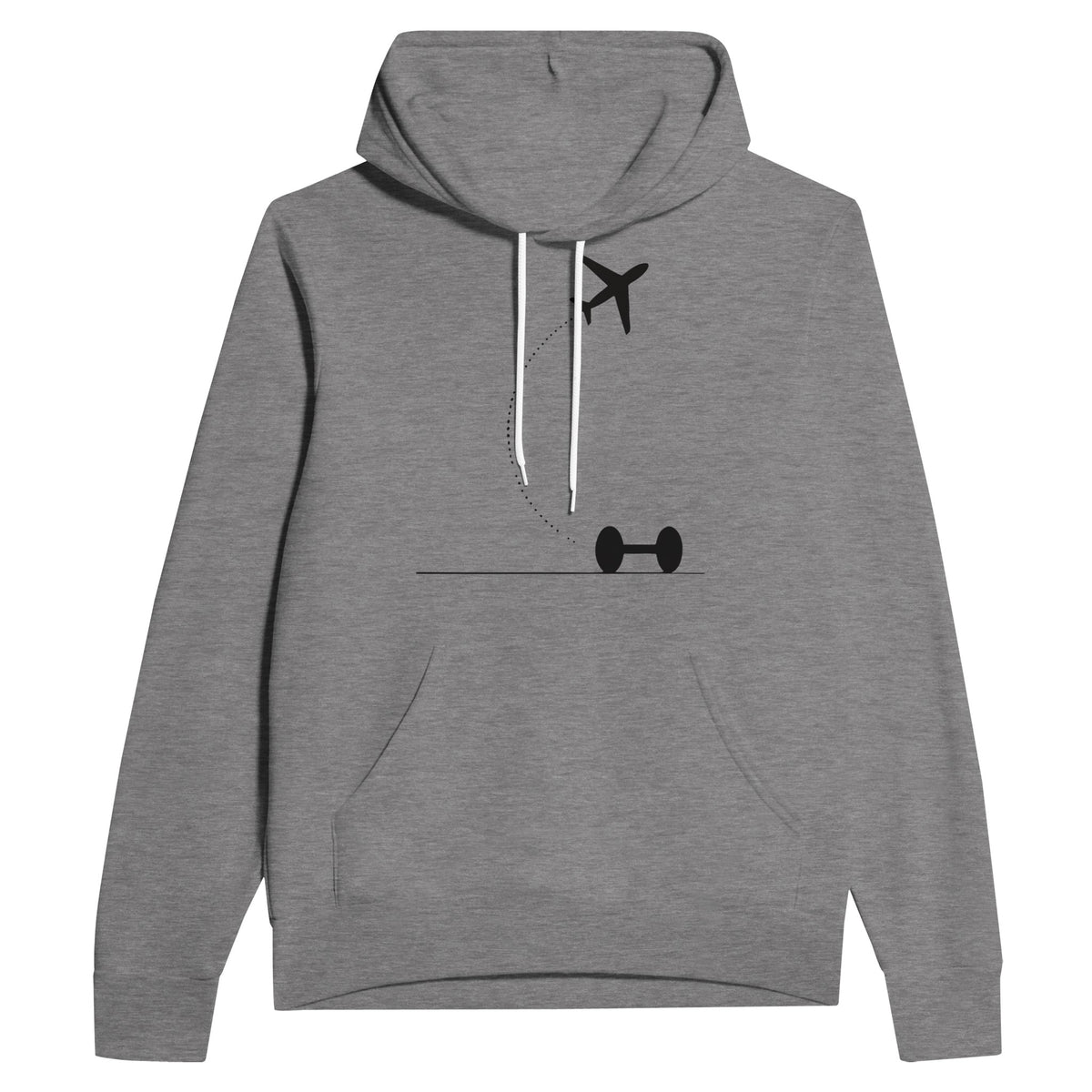Dark Gray Heather Hotel Key, Fitness Key travel hoodie, flight-path dumbbell design