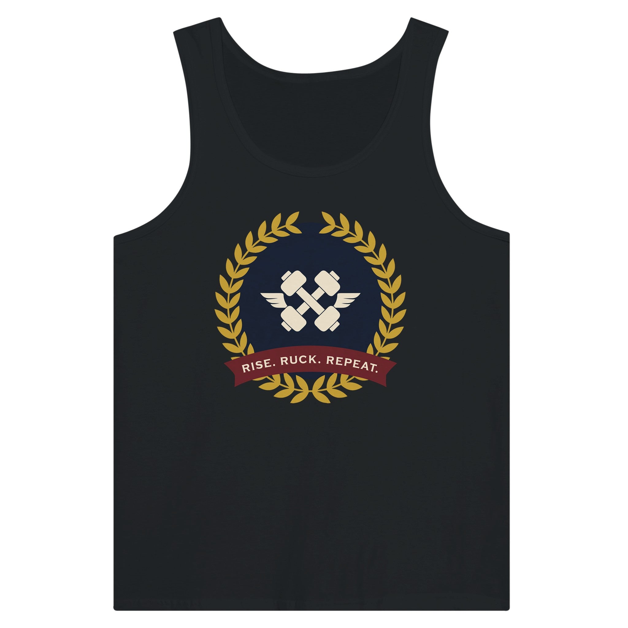 Rise. Ruck. Repeat. artwork detail on a unisex tank top designed for hotel gyms and long layovers