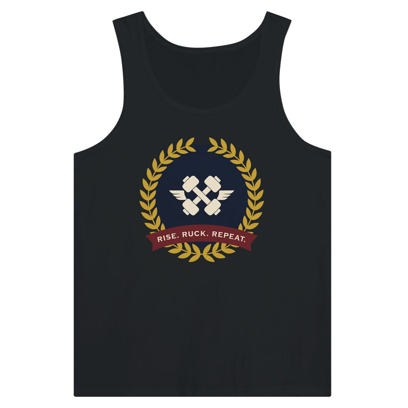 Rise. Ruck. Repeat. artwork detail on a unisex tank top designed for hotel gyms and long layovers