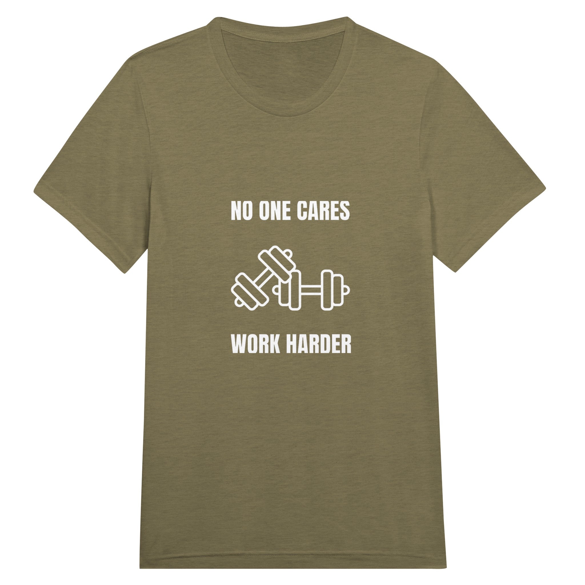 unisex triblend travel tee with white No One Cares. Work Harder. crossed-dumbbells print, styled for hotel gym training