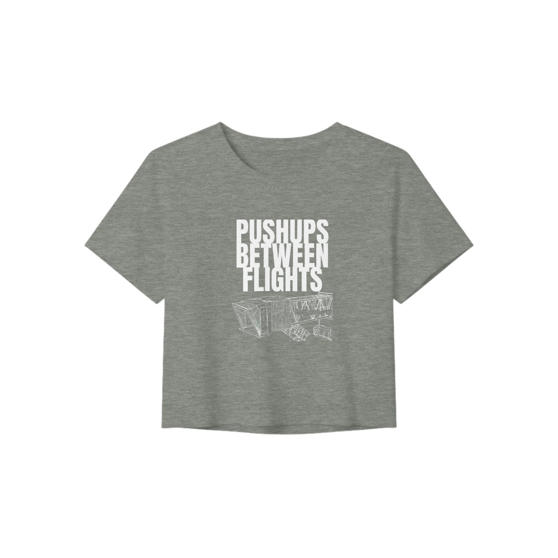women's flowy travel crop tee with white Pushups Between Flights jet-bridge print, product view 6