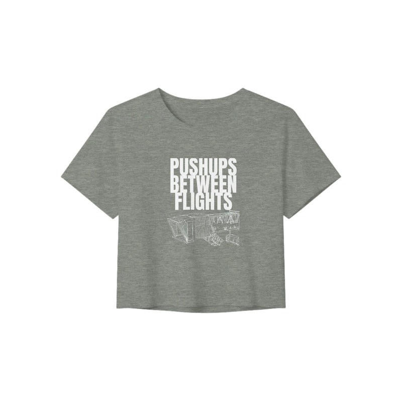 women's flowy travel crop tee with white Pushups Between Flights jet-bridge print, product view 6