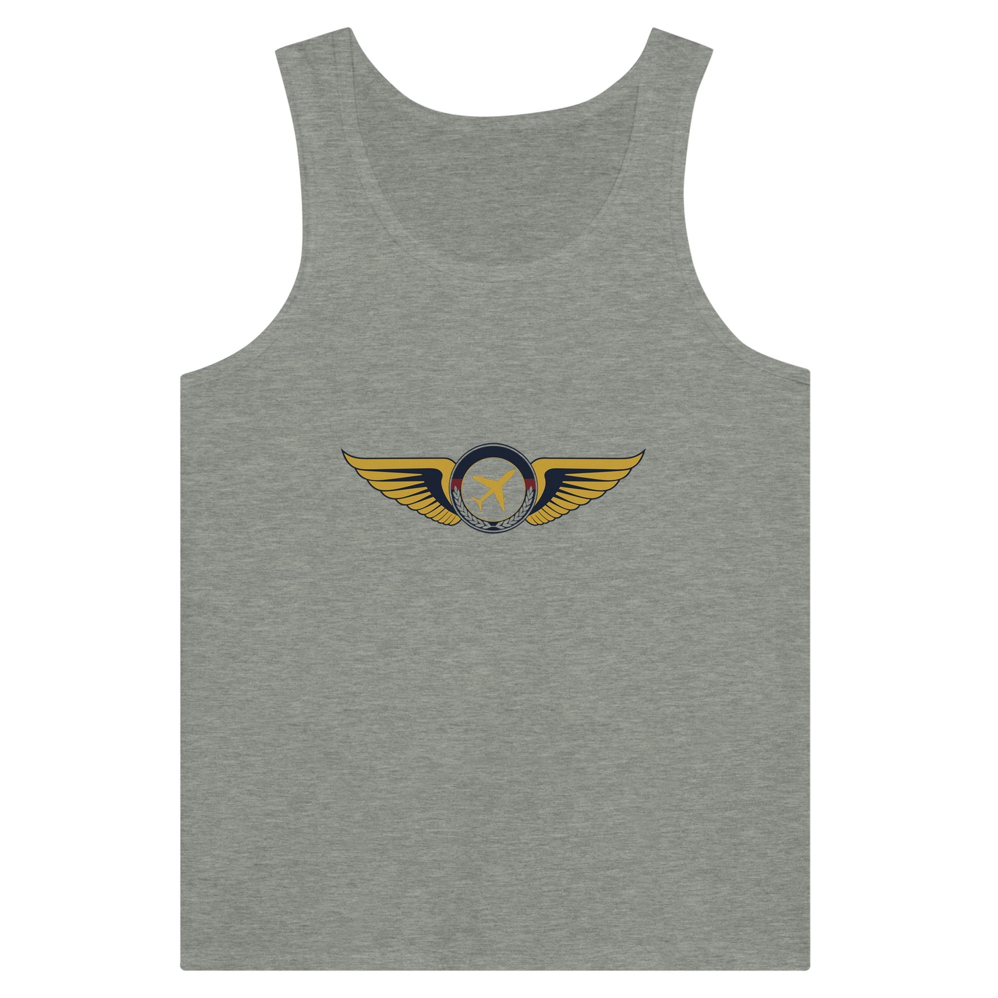 Aviator Wings unisex premium travel tank top, front view 1 — Dumbbells & Hotels