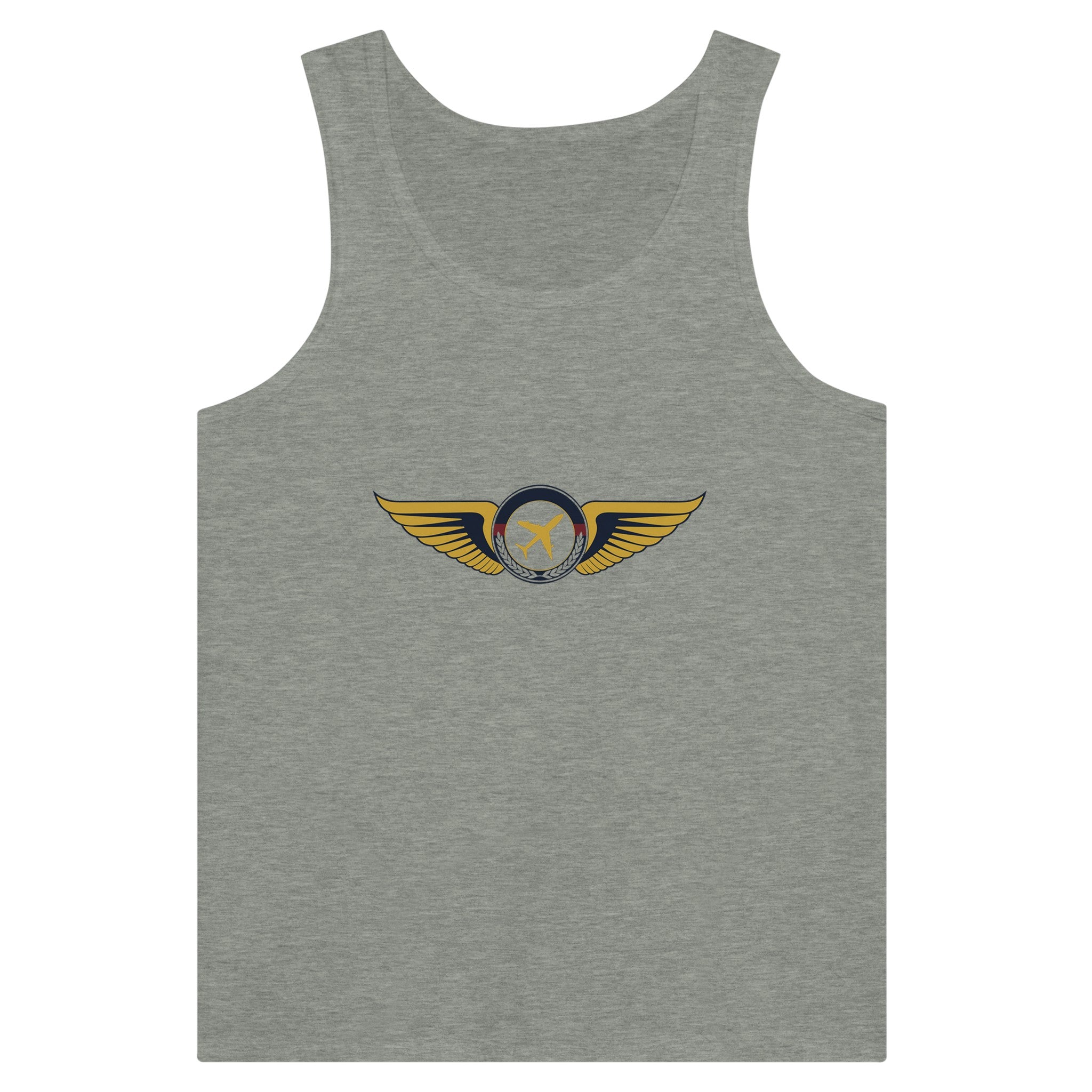 Aviator Wings unisex premium travel tank top, front view 1 — Dumbbells & Hotels