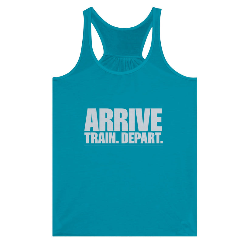 Arrive. Train. Depart. Racerback | Dumbbells & Hotels - Arrive. Train. Depart. design, racerback product photo