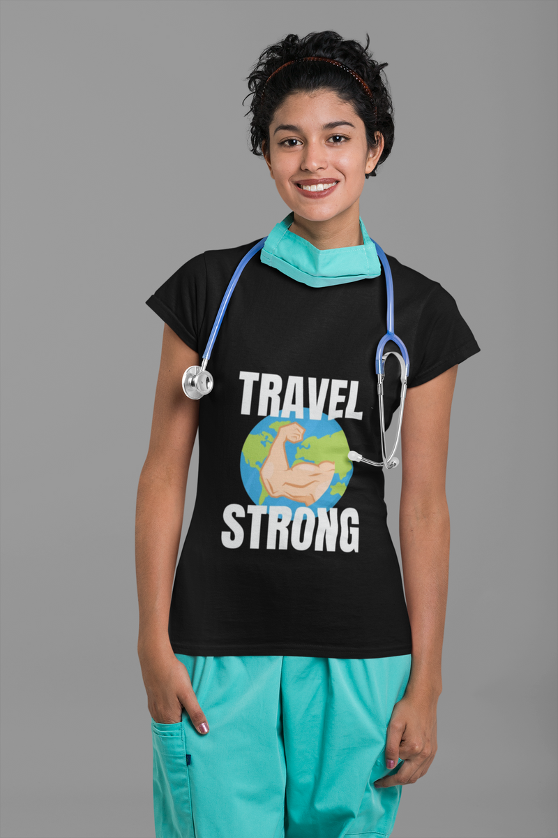 Travel nurse wearing the Travel Strong Unisex Travel Fitness Tee in Black — pilot-designed capsule wardrobe for the hotel gym