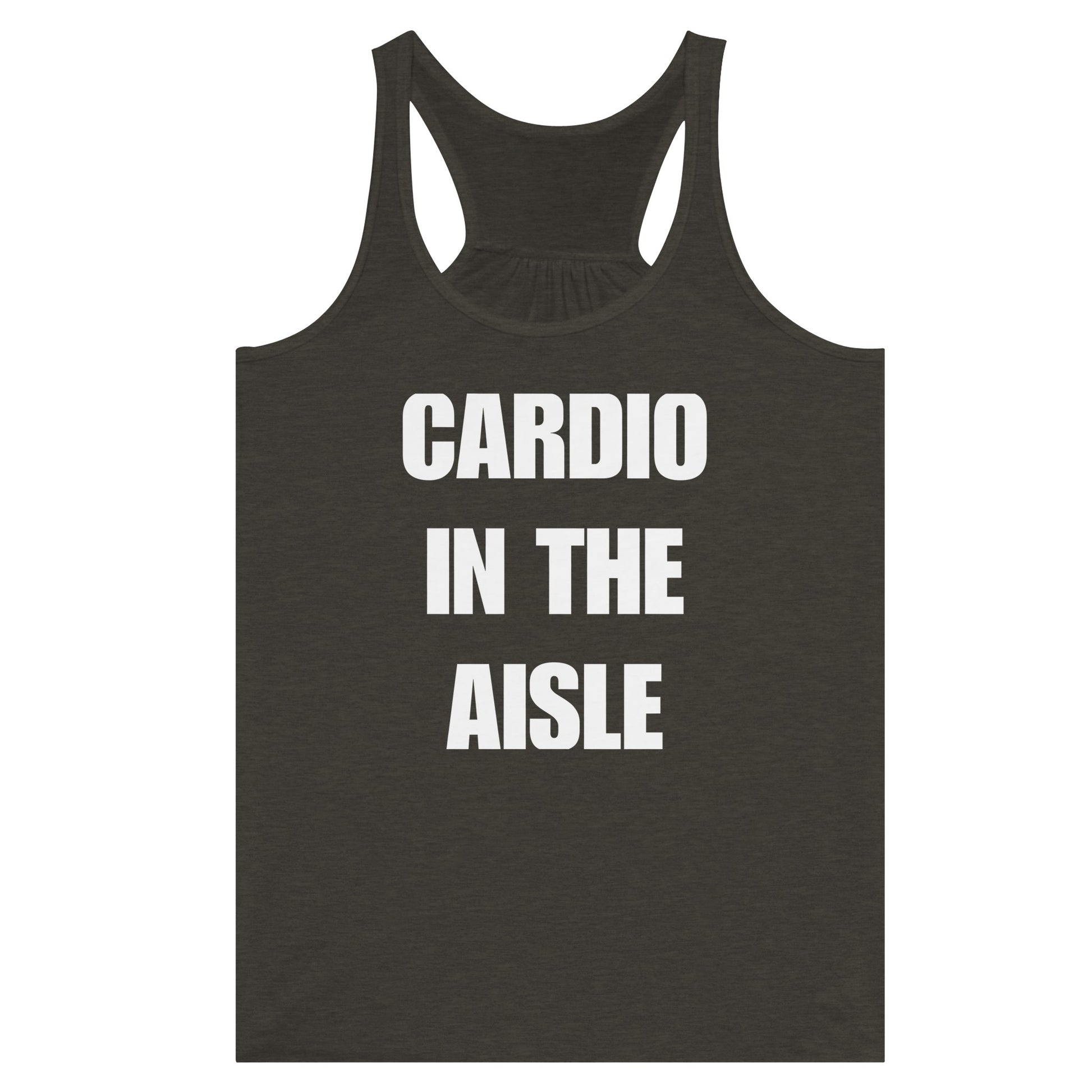 flat-lay women's racerback tank top, white Cardio in the Aisle print, layover-ready hotel gym apparel