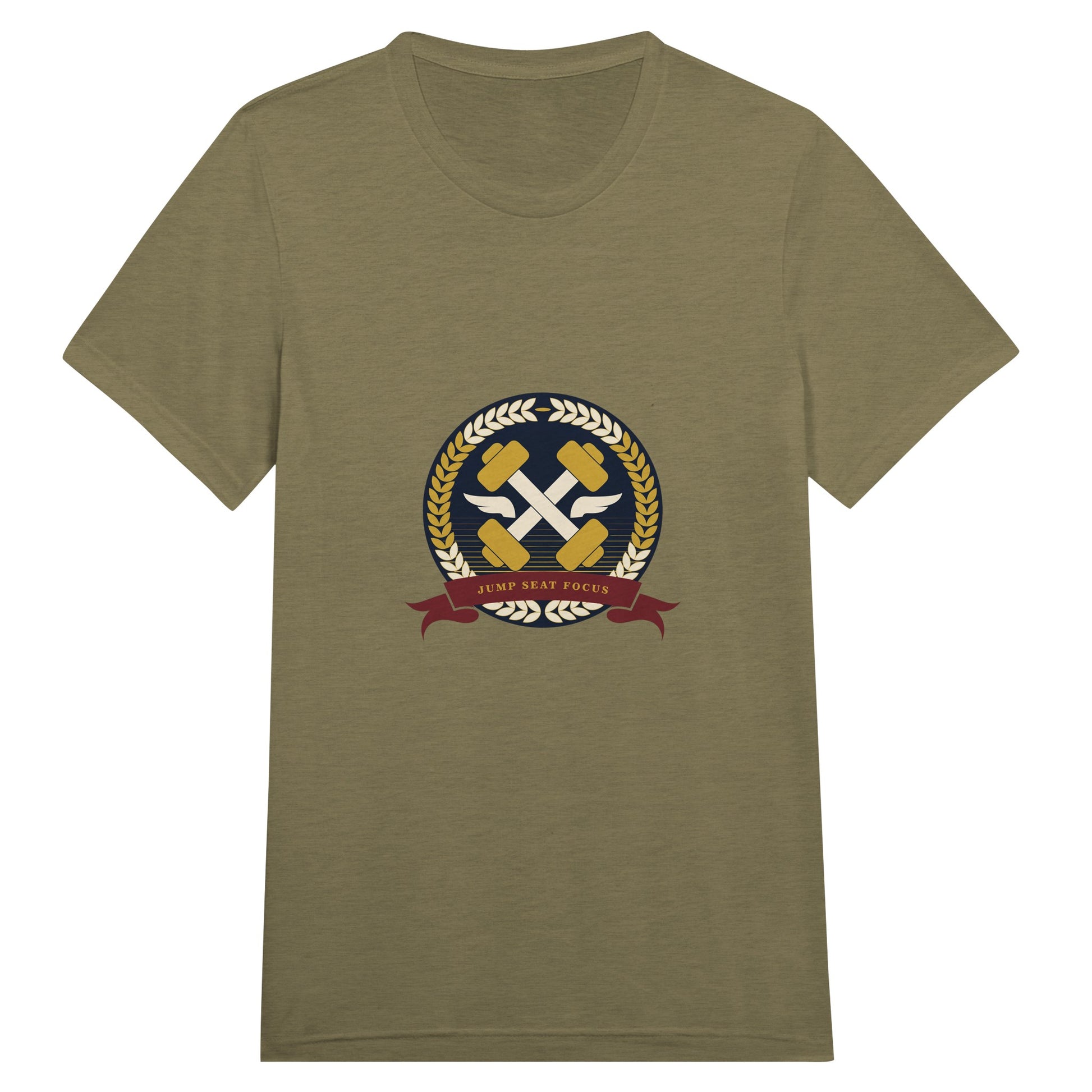 Dumbbells & Hotels unisex triblend tee with the Jump Seat Focus crest (gold laurel ring, crossed dumbbells over aviator wings, burgundy ribbon) - product shot 4 of 19