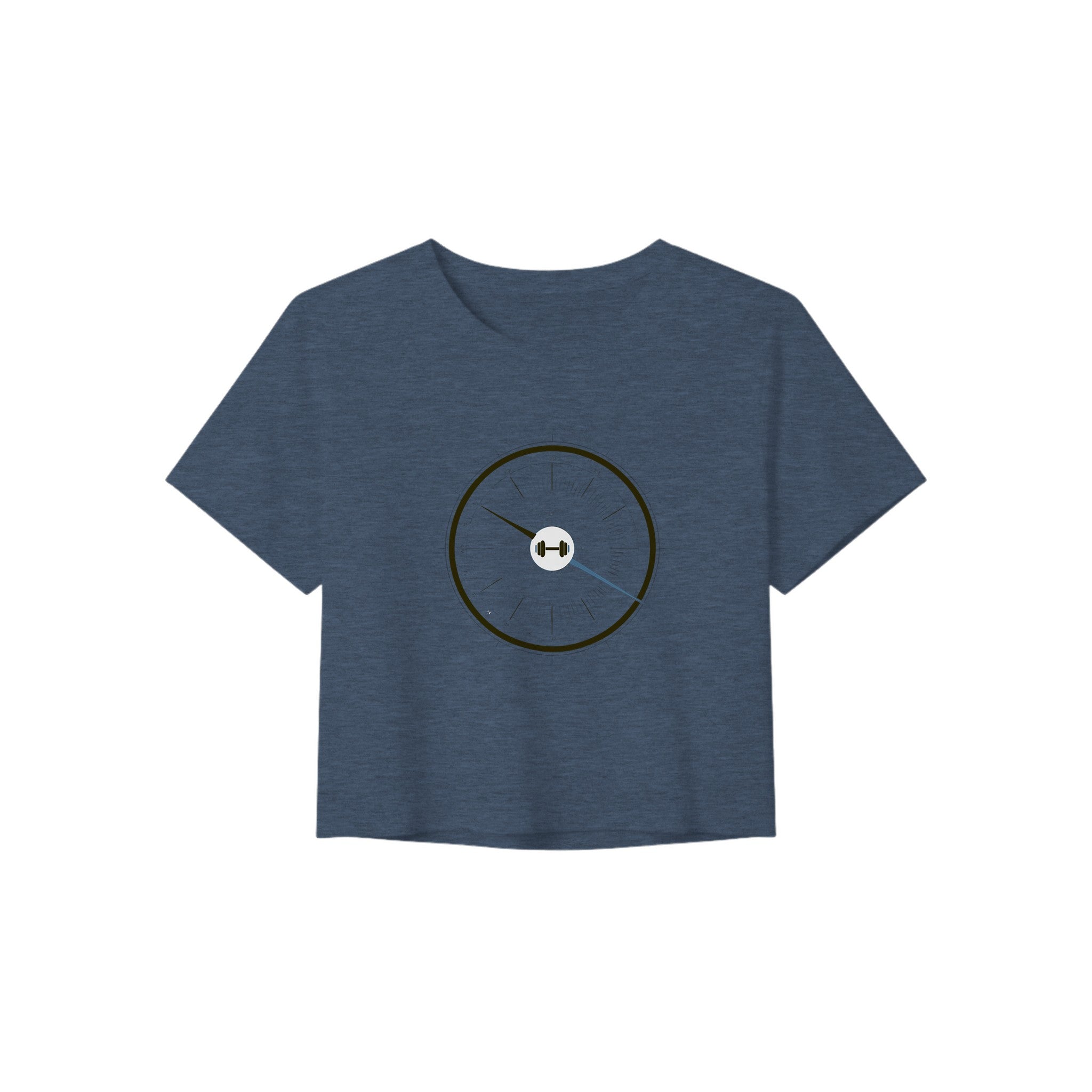 Close-up of the Bedside Manner Barbell Manner altimeter dial and dumbbell graphic on crop top