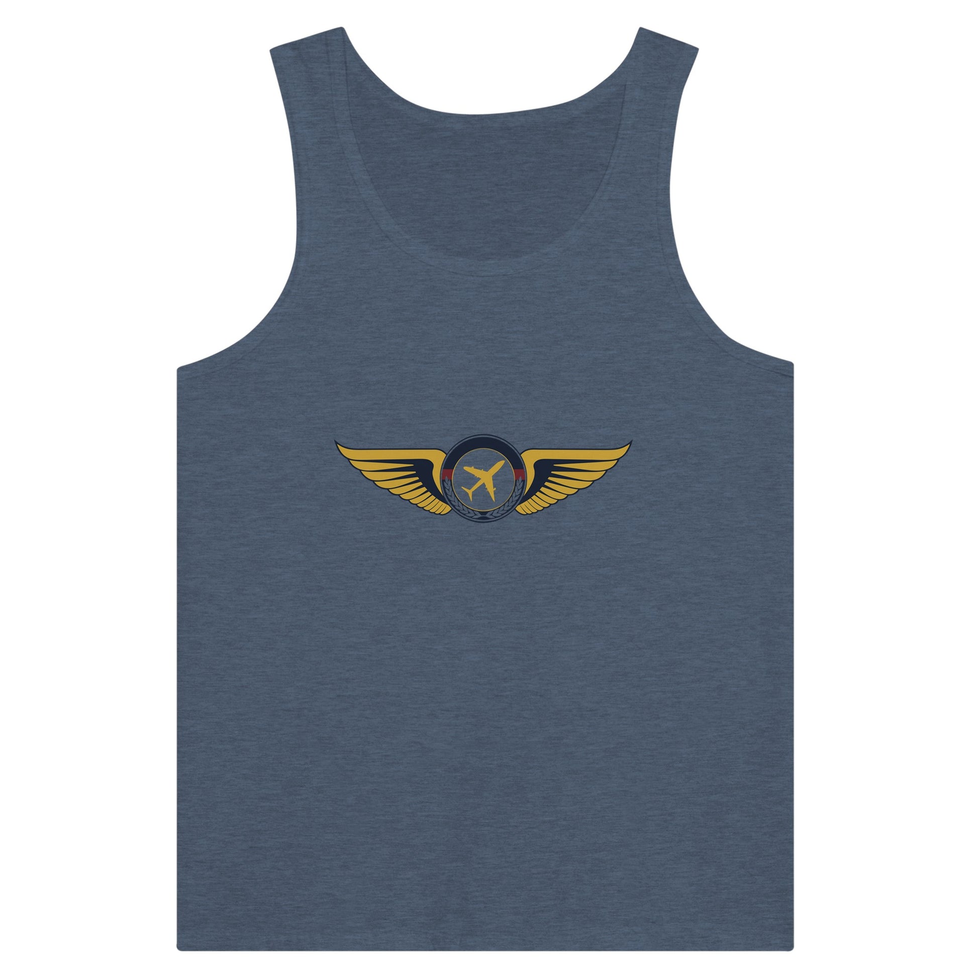Aviator Wings unisex premium travel tank top, flat lay 14 — Dumbbells & Hotels