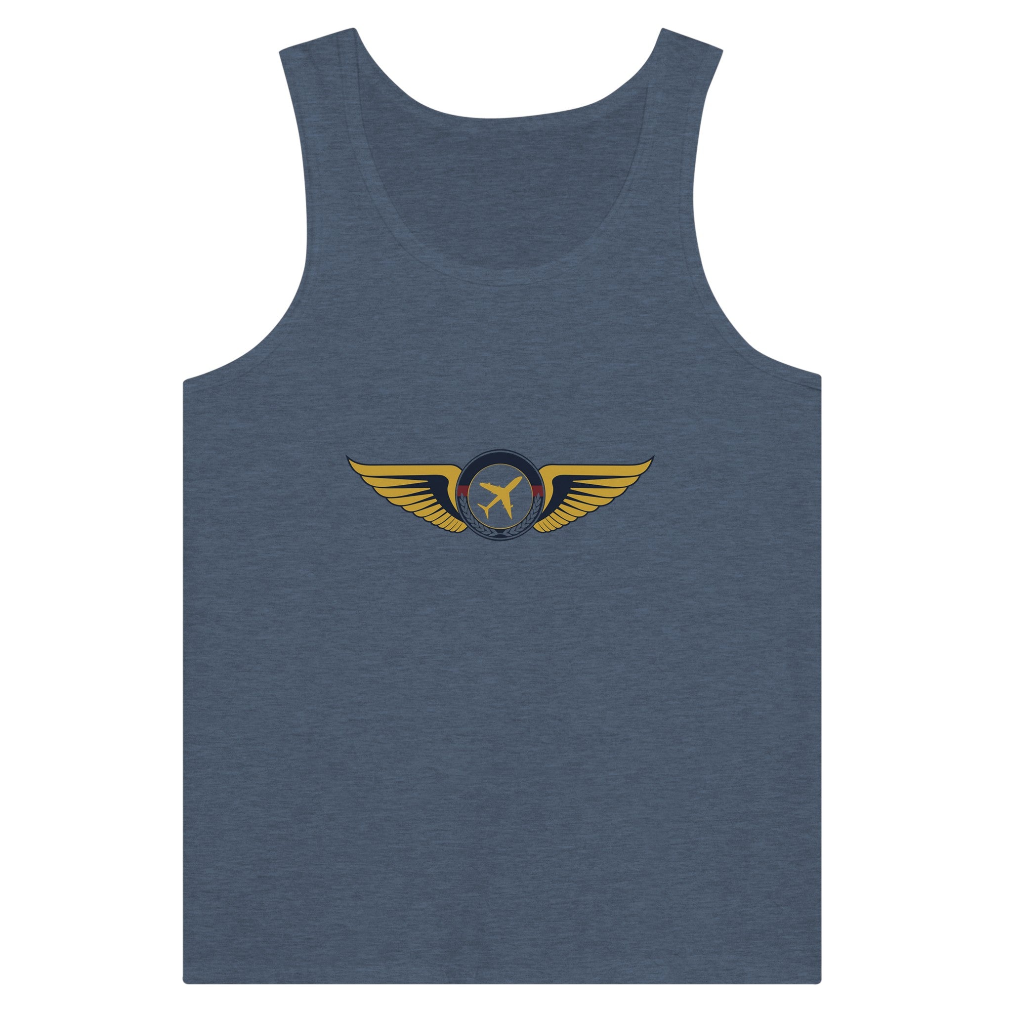 Aviator Wings unisex premium travel tank top, flat lay 14 — Dumbbells & Hotels