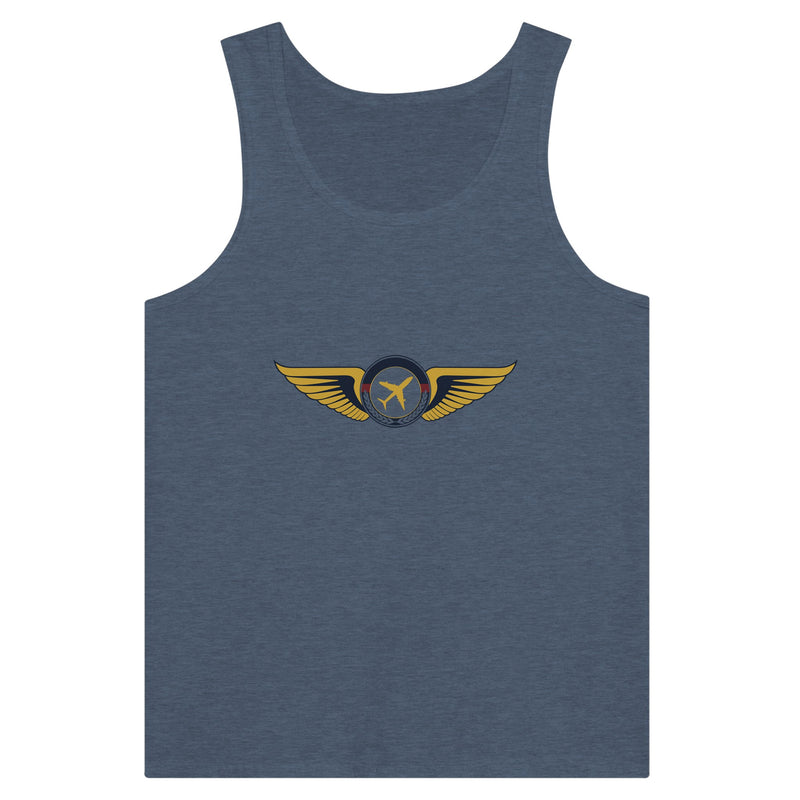Aviator Wings unisex premium travel tank top, flat lay 14 — Dumbbells & Hotels