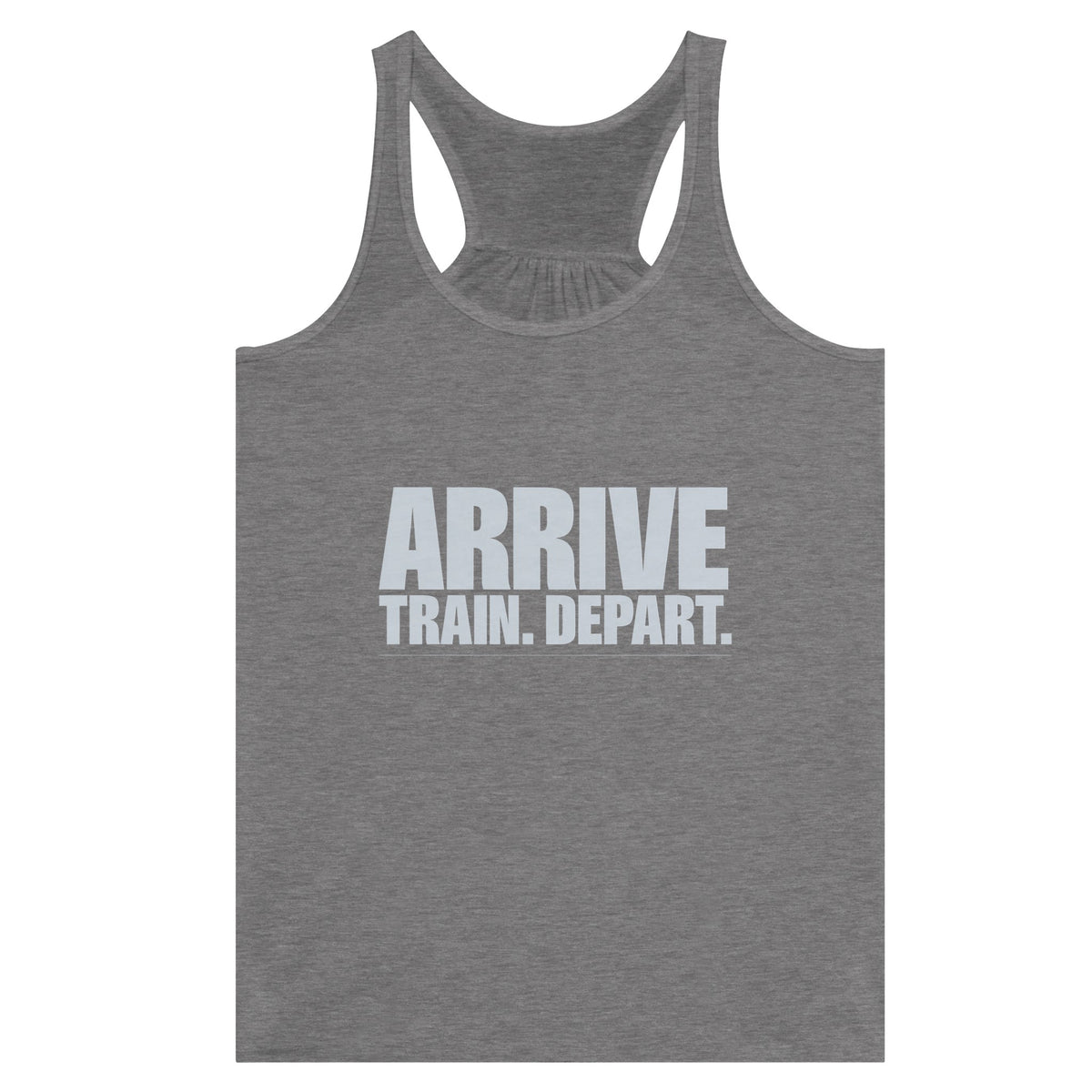Arrive. Train. Depart. Racerback | Dumbbells & Hotels - Arrive. Train. Depart. design, racerback product photo