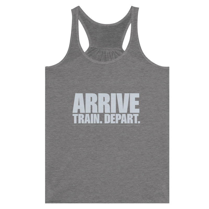 Arrive. Train. Depart. Racerback | Dumbbells & Hotels - Arrive. Train. Depart. design, racerback product photo