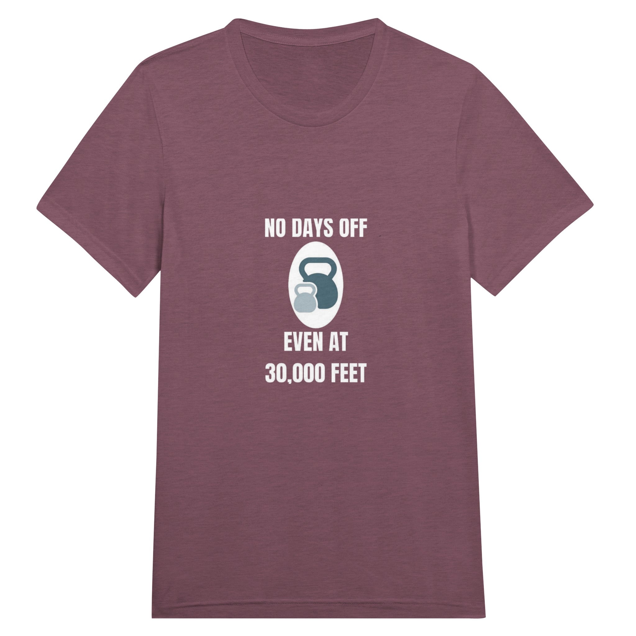 No Days Off Even at 30,000 Feet unisex triblend tee in Maroon Triblend — packable travel training apparel from Dumbbells & Hotels