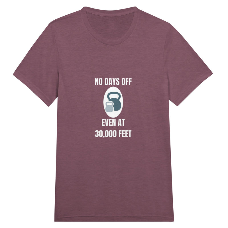 No Days Off Even at 30,000 Feet unisex triblend tee in Maroon Triblend — packable travel training apparel from Dumbbells & Hotels