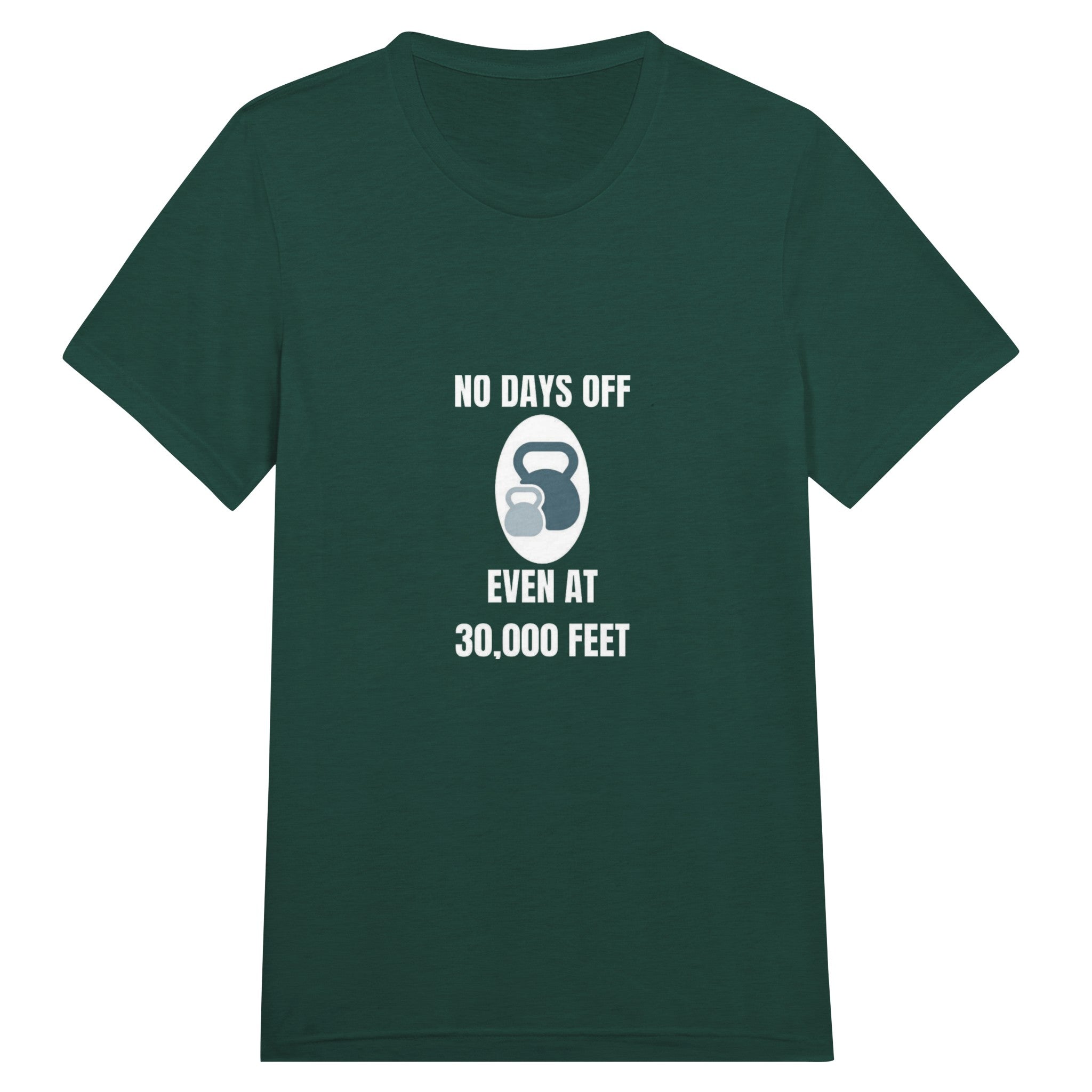 No Days Off Even at 30,000 Feet unisex triblend tee in Emerald Triblend — packable travel training apparel from Dumbbells & Hotels