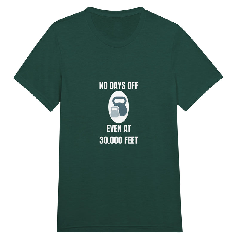 No Days Off Even at 30,000 Feet unisex triblend tee in Emerald Triblend — packable travel training apparel from Dumbbells & Hotels