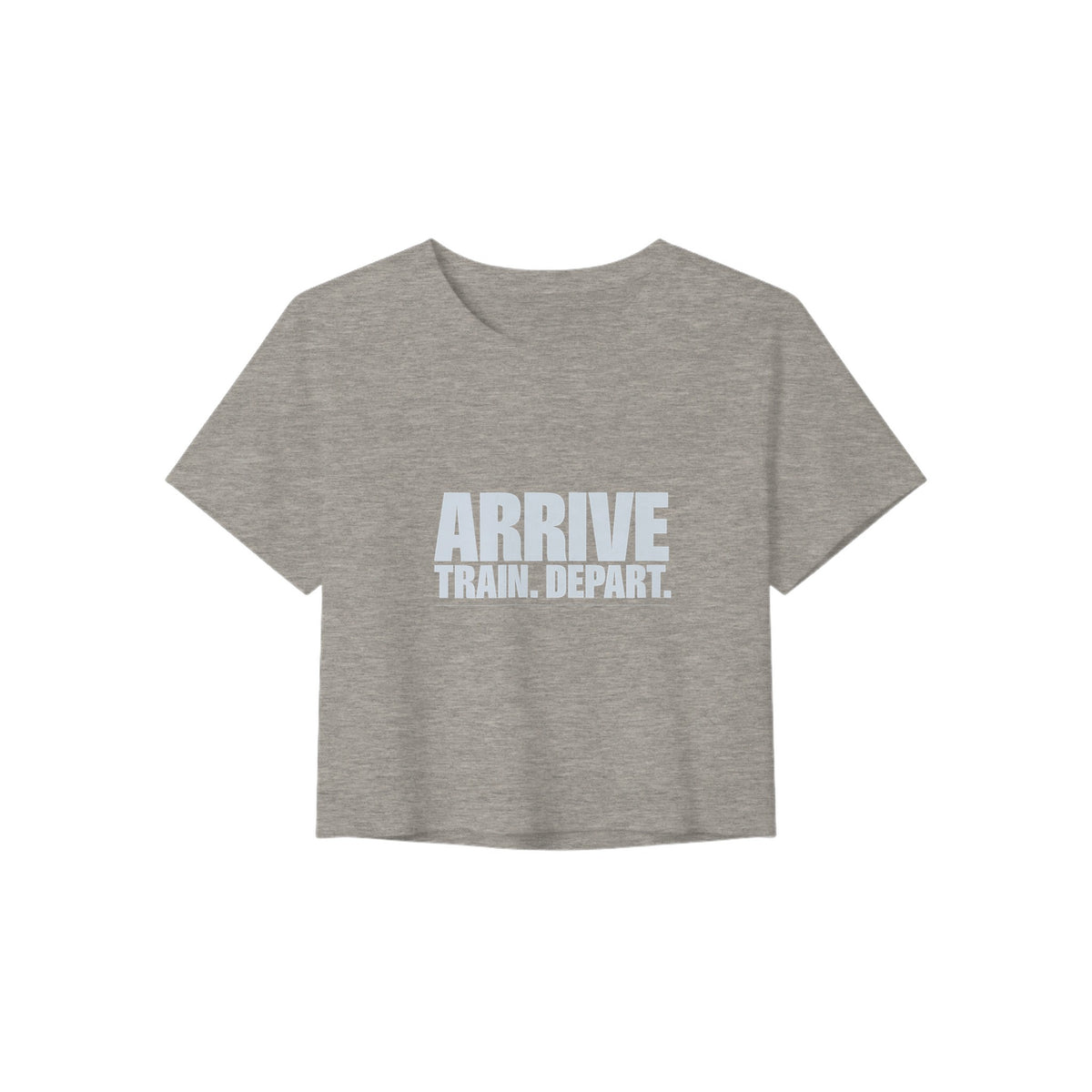 Arrive. Train. Depart. Crop Tee | Dumbbells & Hotels - Arrive. Train. Depart. design, crop tee product photo