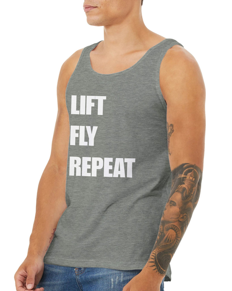 Dumbbells & Hotels unisex tank top with the Lift Fly Repeat graphic - product shot 18 of 18