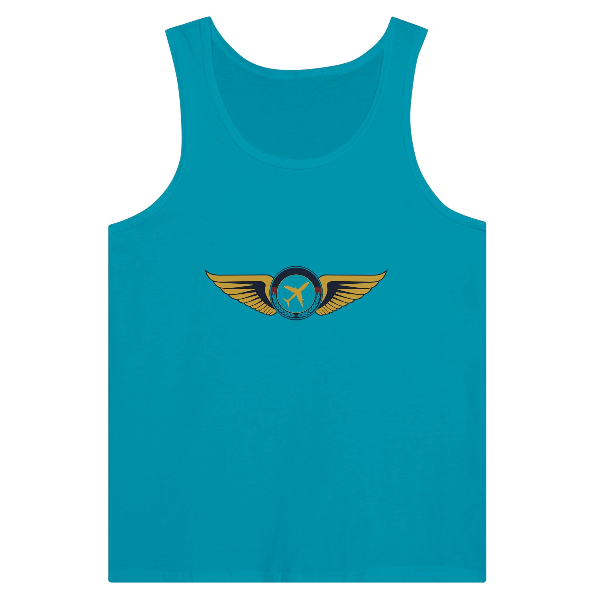 Aviator Wings unisex premium travel tank top, detail view 13 — Dumbbells & Hotels