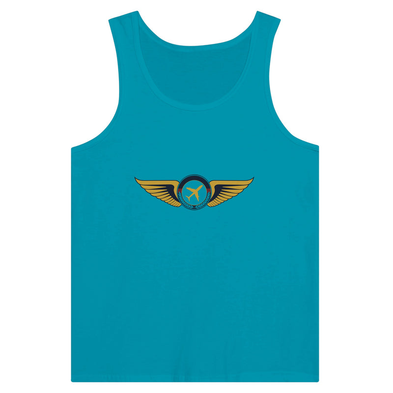 Aviator Wings unisex premium travel tank top, detail view 13 — Dumbbells & Hotels